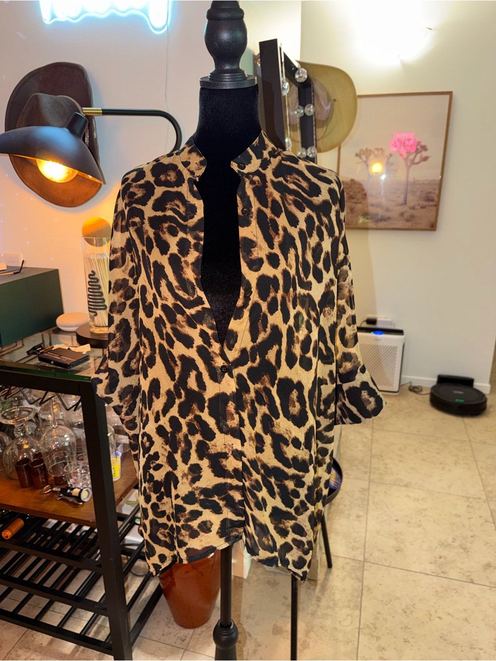 Leopard Print Button-Down Shirt - Tan/Black